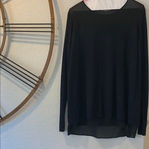 Navy sweater top with sheer neckline